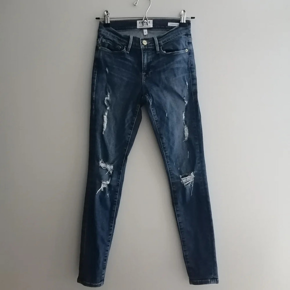 Frame Le Skinny De Jeanne Distressed Jeans in Matteson Wash 25 - Picture 3 of 15